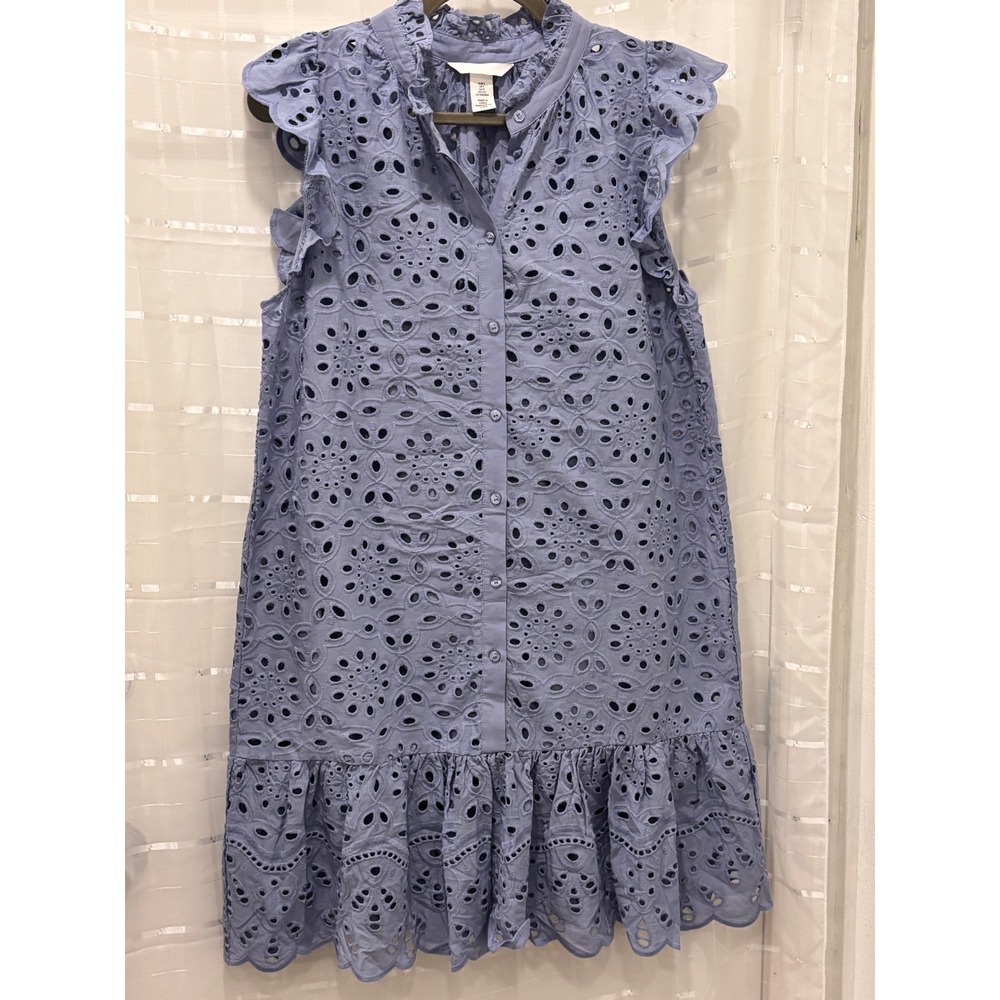 H&M Blue Eyelet Cotton Ruffle Mini Dress Sleeveless Button Front Small